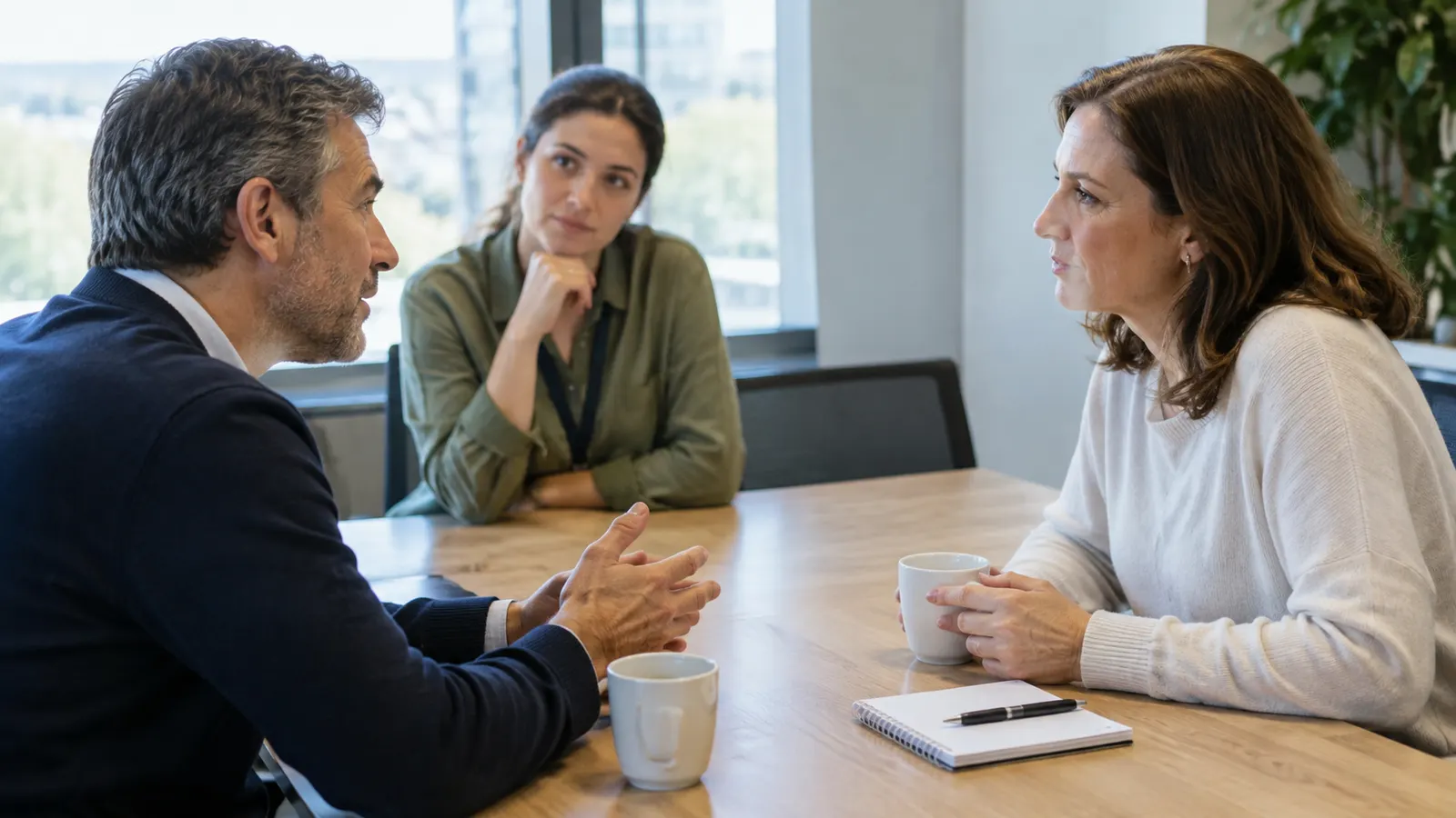 Tres compañeros de trabajo conversando en una mesa para resolver un conflicto